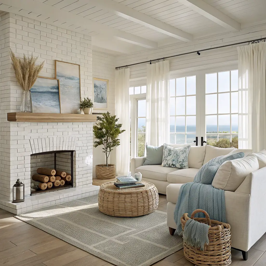 Photorealistic coastal living room with whitewashed brick corner fireplace, pale oak mantel, chalk-white linen sectional, soft blue pillows, sisal rug, seagrass basket, and bright filtered midday light through gauzy curtains.