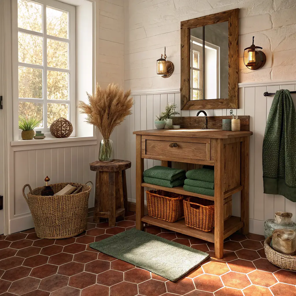 Golden-hour photo of a neutral bathroom with terracotta hex floor and oak cane vanity, styled with burgundy and emerald towels, pampas and eucalyptus in a clay vase, and a rust-and-green runner under warm pendant light.