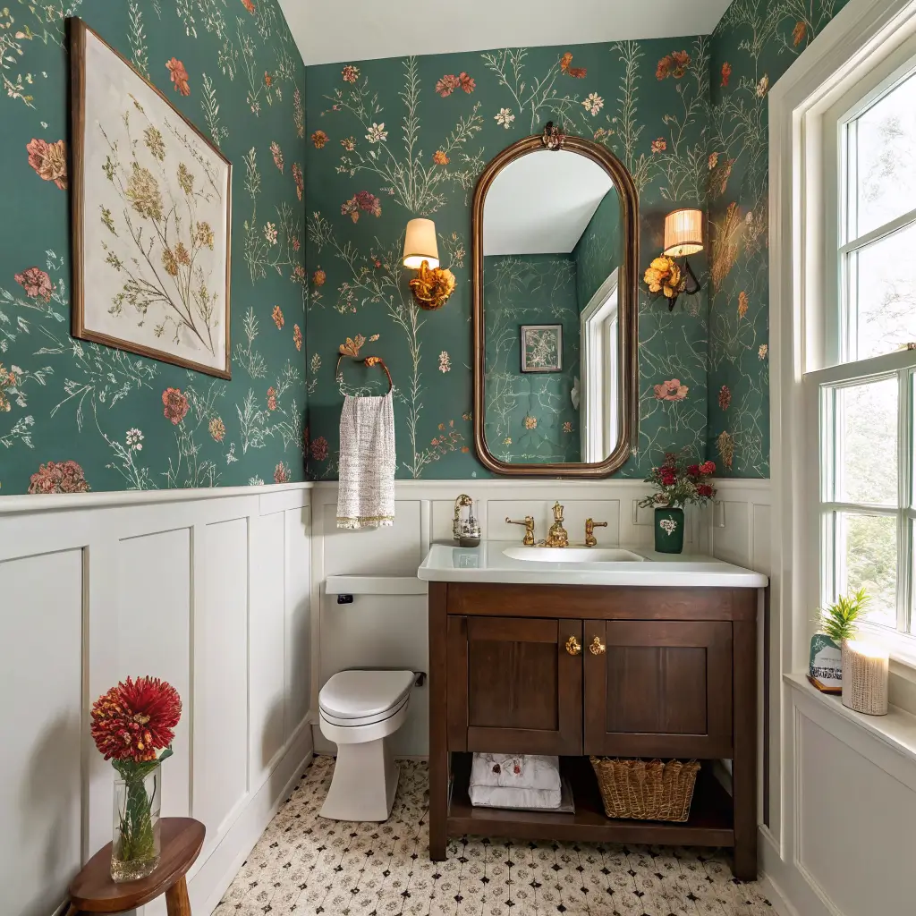 Photorealistic renter-friendly powder room with teal botanical peel-and-stick wallpaper, aubergine painted vanity, arched brass mirror, brass plug-in sconces, kilim runner, and simple styled countertop, viewed from doorway in soft morning light.