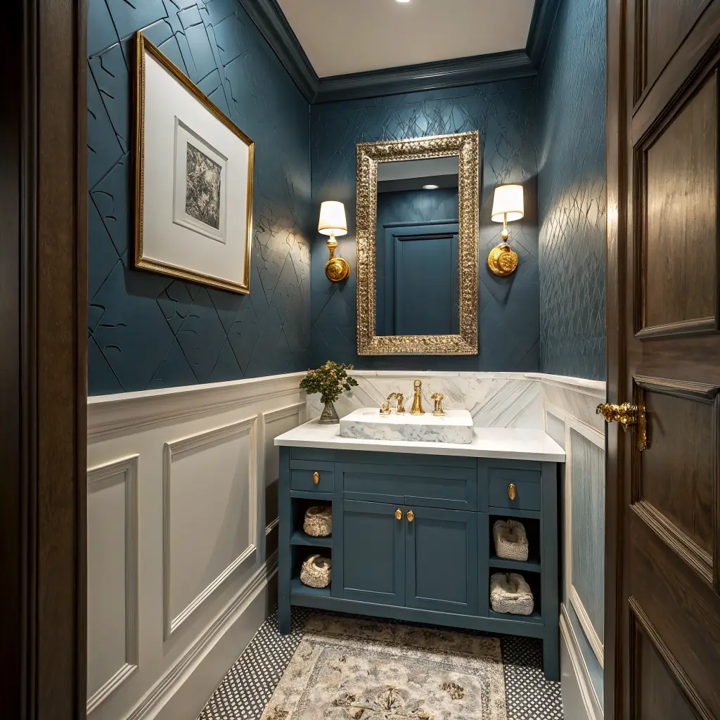 Photorealistic jewel-box powder room at dusk with Hague Blue walls, oxblood vanity, scalloped brass mirror, brass sconces, checkerboard marble floor, and a small Persian rug.