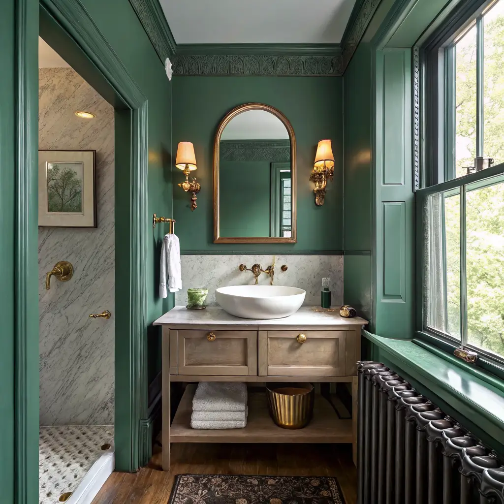 Photorealistic small powder room painted all over in deep Studio Green, with arched brass mirror, alabaster sconce, floating walnut vanity with Calacatta Viola basin, and black hex tile floor.