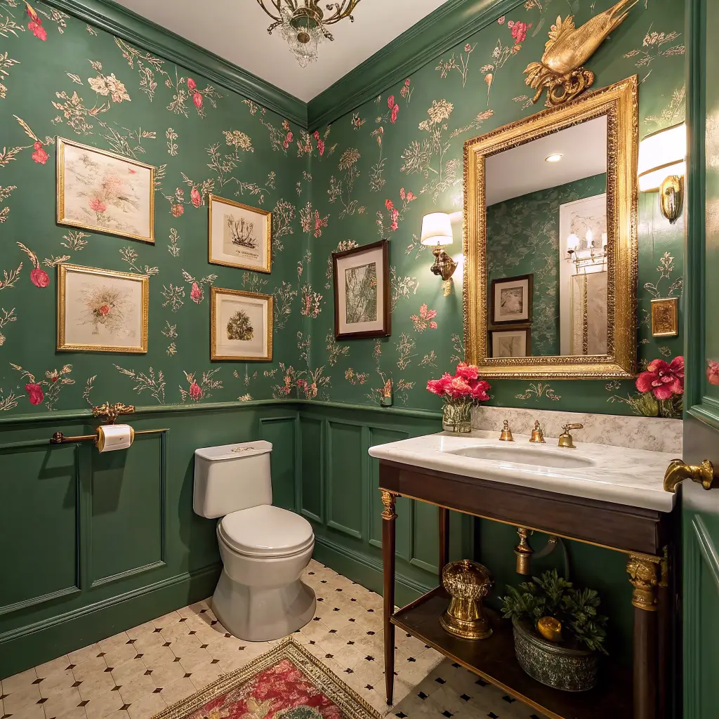 Photorealistic eclectic powder room with emerald chinoiserie wallpaper and ceiling, gilt mirror above a marble-topped vanity, brass fixtures and sconces, gallery wall prints, encaustic tile floor with a small Persian rug, warmly lit from the doorway.