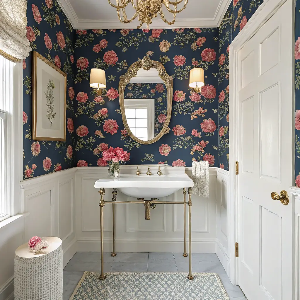 Photorealistic navy floral powder room with white console sink, scalloped gilt mirror, brass sconces, and marble hex tile floor, viewed straight on.
