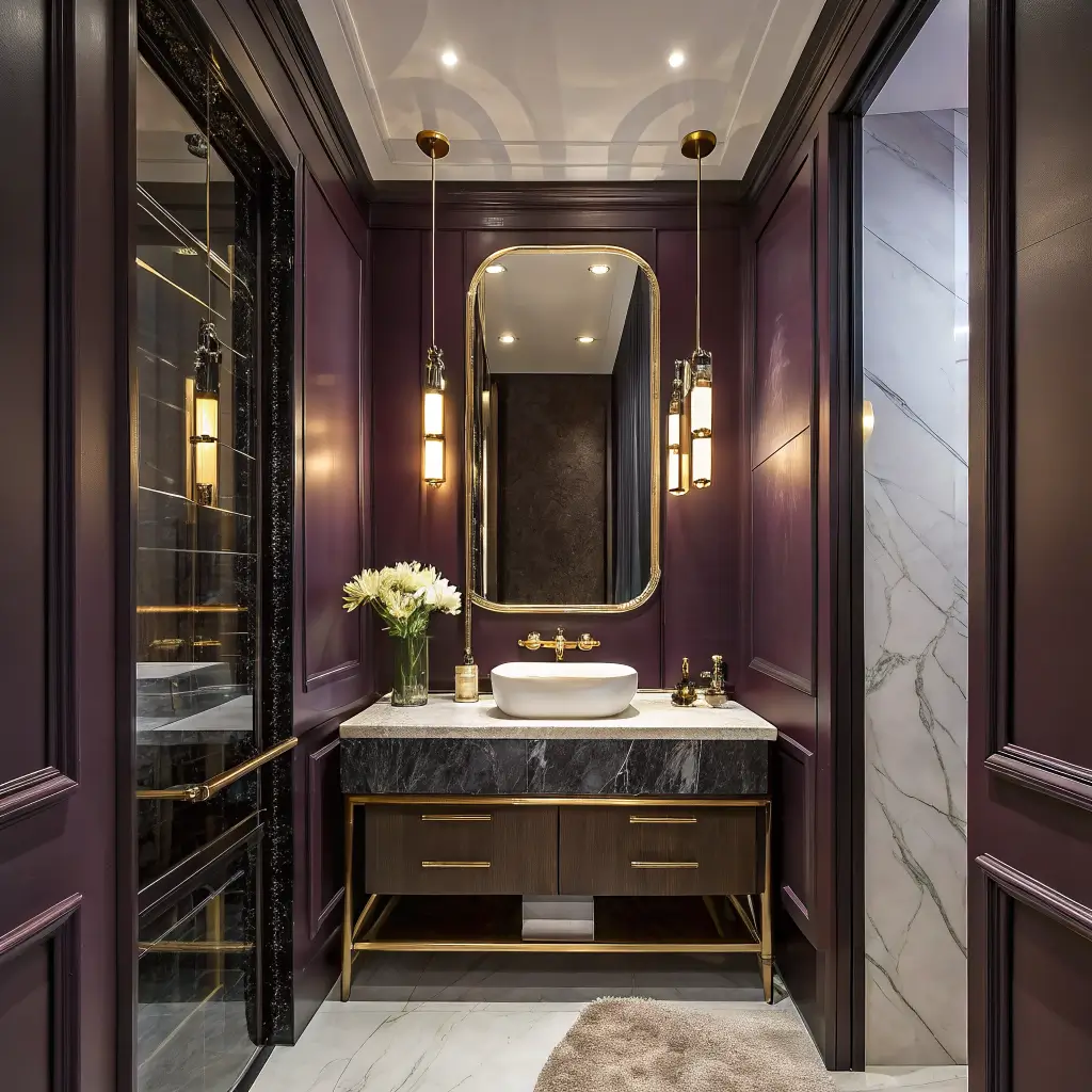 Photorealistic twilight shot of a 4x5 modern glam powder room with glossy aubergine lacquer walls and ceiling, Calacatta Viola marble block sink, arched brass mirror, brass pendant and faucet, and honed black marble floor.