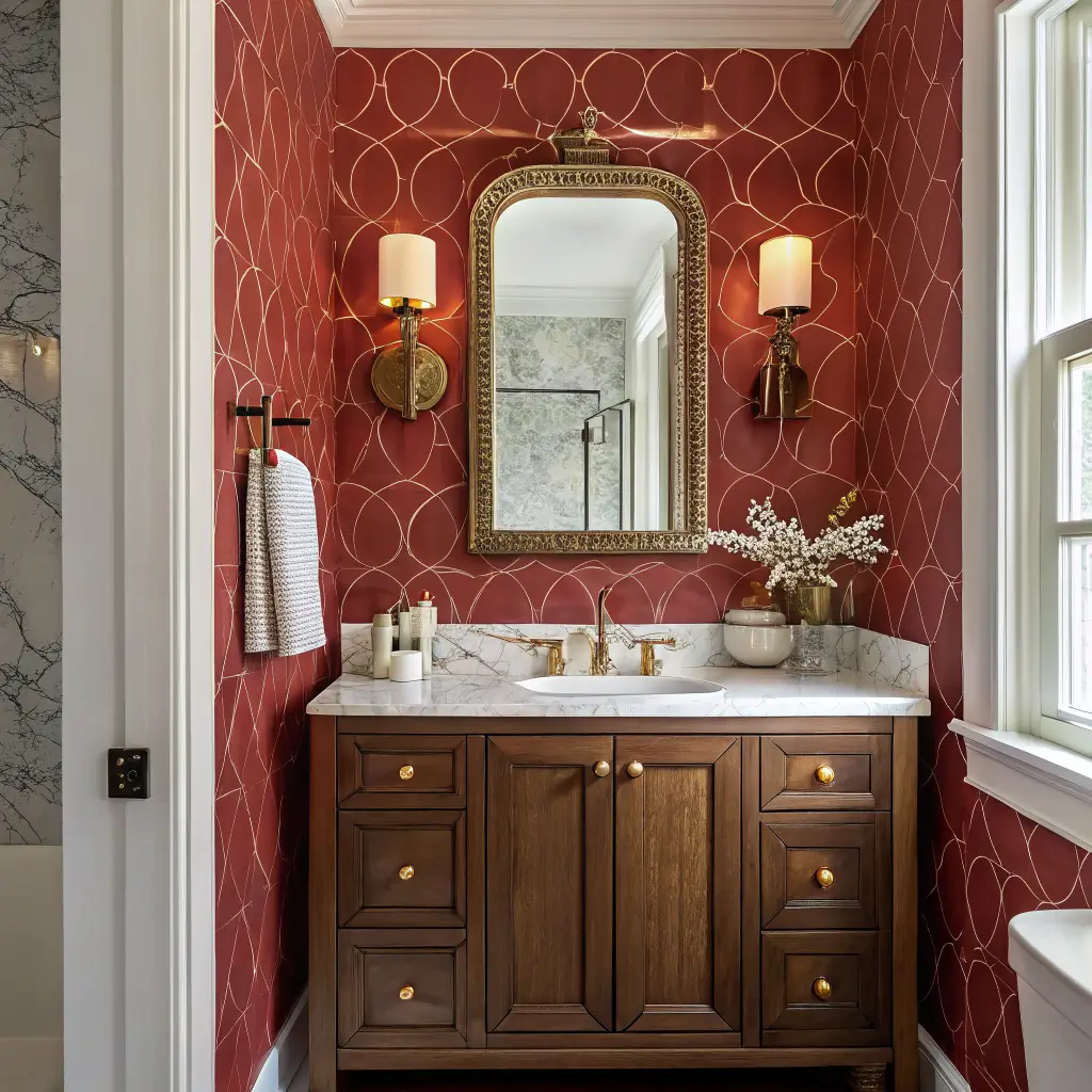 Doorway view of a powder room with a Preference Red focal wall, scalloped brass mirror over a walnut floating vanity with Calacatta Viola top, warm brass sconces, and checkerboard marble floor.