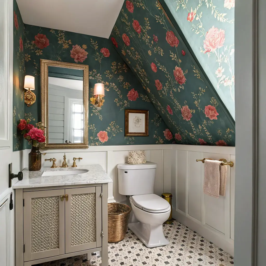 Photorealistic 3x5 under-stair powder room with sloped ceiling wrapped in teal floral wallpaper, toilet under low end, brass arched mirror and sconces over corner sink, terracotta hex tile floor with kilim runner in morning light.