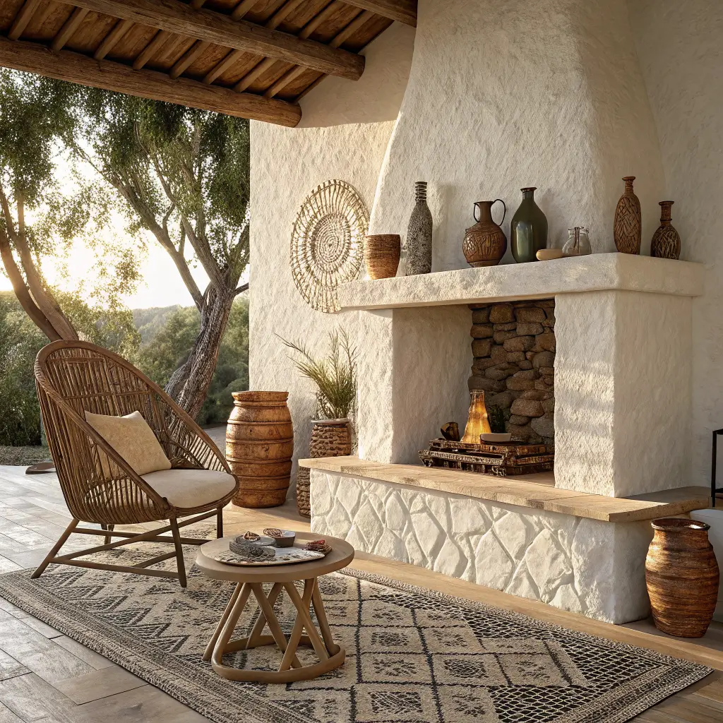 Photorealistic boho lounge corner with organic plaster fireplace, oak mantel, rattan chair, travertine coffee table, Moroccan rug, and sunlit earthen decor in warm late-afternoon light.
