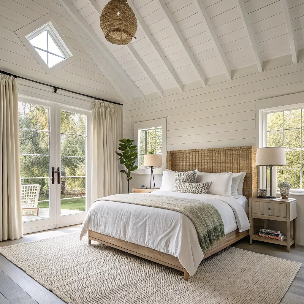 Photorealistic airy primary bedroom with queen cane headboard bed, white and sand linens, jute rug, oak nightstands with ceramic lamps, and soft daylight through tall linen curtains under a vaulted shiplap ceiling.