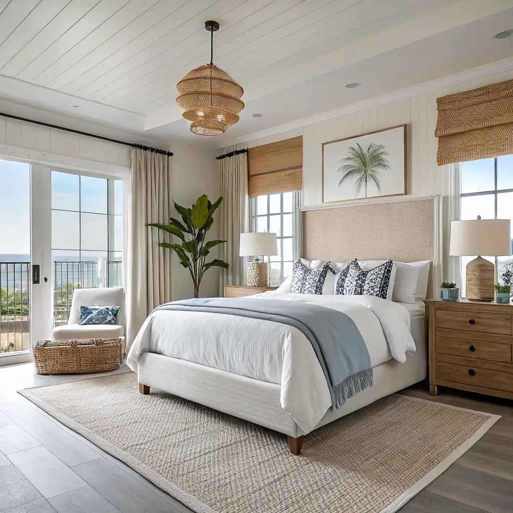 Wide-angle photorealistic coastal resort bedroom with centered queen bed, off-white headboard, layered white and sand bedding with blue accent, rattan lamps on whitewashed nightstands, potted palm, jute rug, and sunlit bamboo shades behind linen curtains.