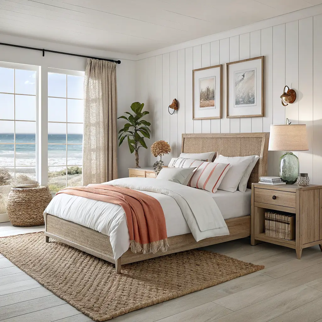 Photorealistic beachy bedroom corner with light pine bed, white bedding, jute rug, rattan lamp on whitewashed nightstand, sheer curtain, and abstract ocean print in diffused midday light.