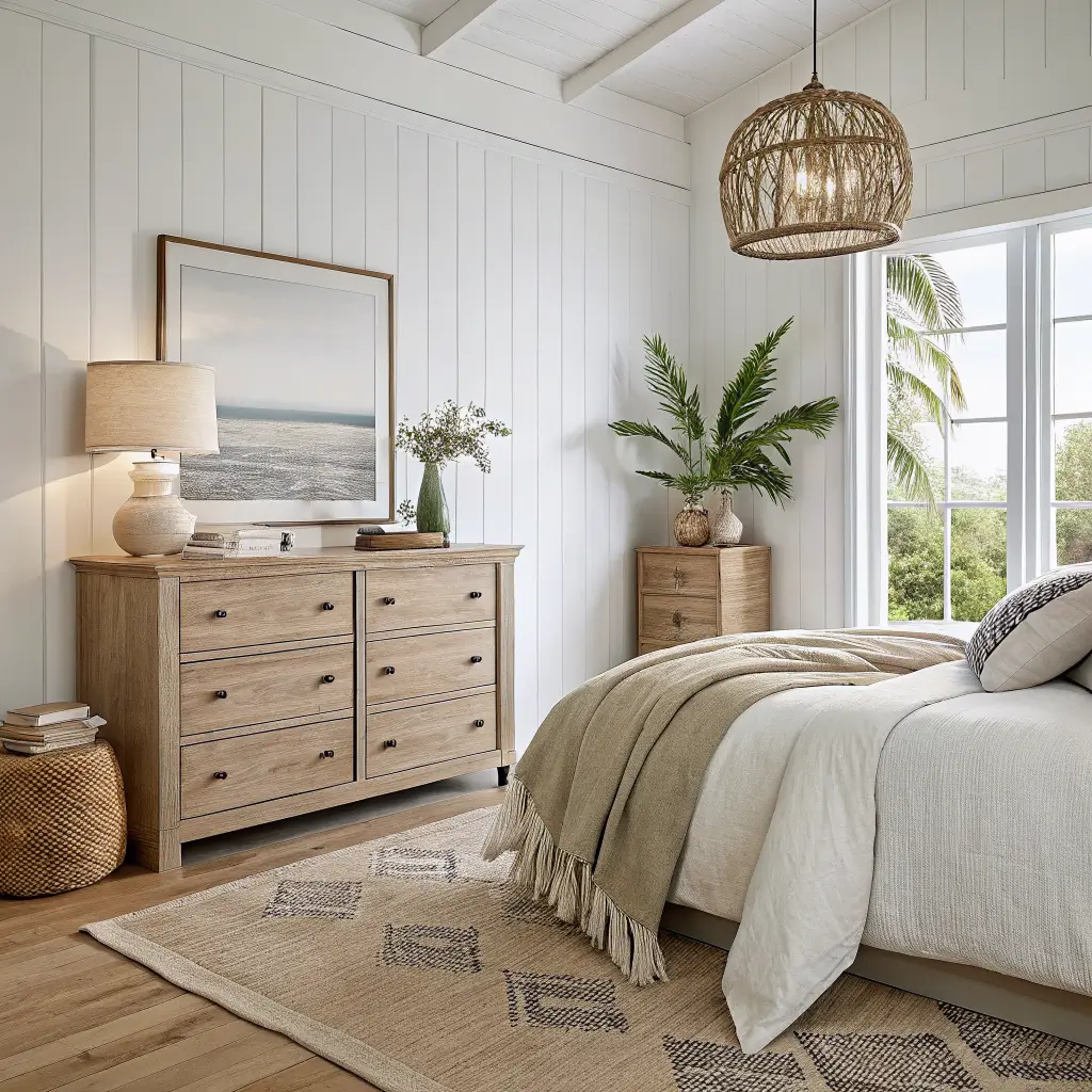 Beachy bedroom vignette with whitewashed oak dresser, rattan lamp, seagrass mirror, neutral ceramics, olive sprig vase, and sand linen bed with green pillow on driftwood floors.