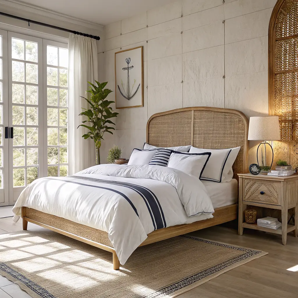 Coastal bedroom detail with rattan headboard, crisp white sheets, sand linen duvet, striped shams, navy lumbar pillow, linen throw, and oak nightstand with ceramic lamp in late-morning sun.