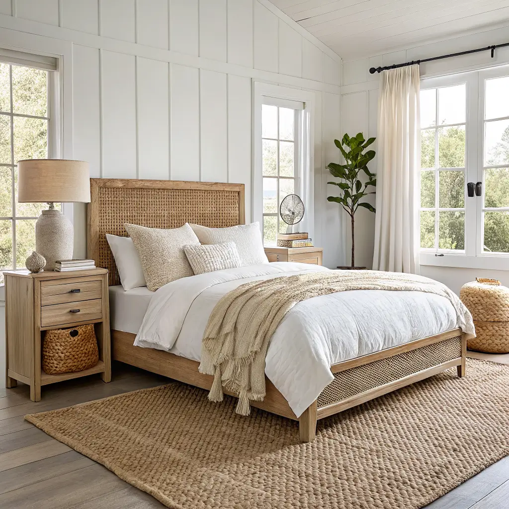 Photorealistic bedroom with jute rug foreground, rattan headboard, ceramic lamp on oak nightstand, and chunky cotton throw over linen bedding in warm afternoon light.