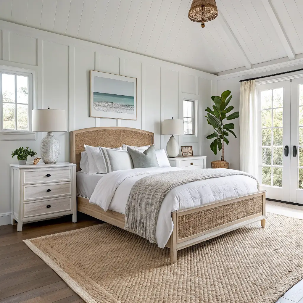 Symmetrical, photorealistic bedroom with white walls and trim, cane-headboard queen on a jute-wool rug, layered neutral linens, matching nightstands with rattan lamps and pothos, ocean abstract art above, and a potted palm in bright morning light.