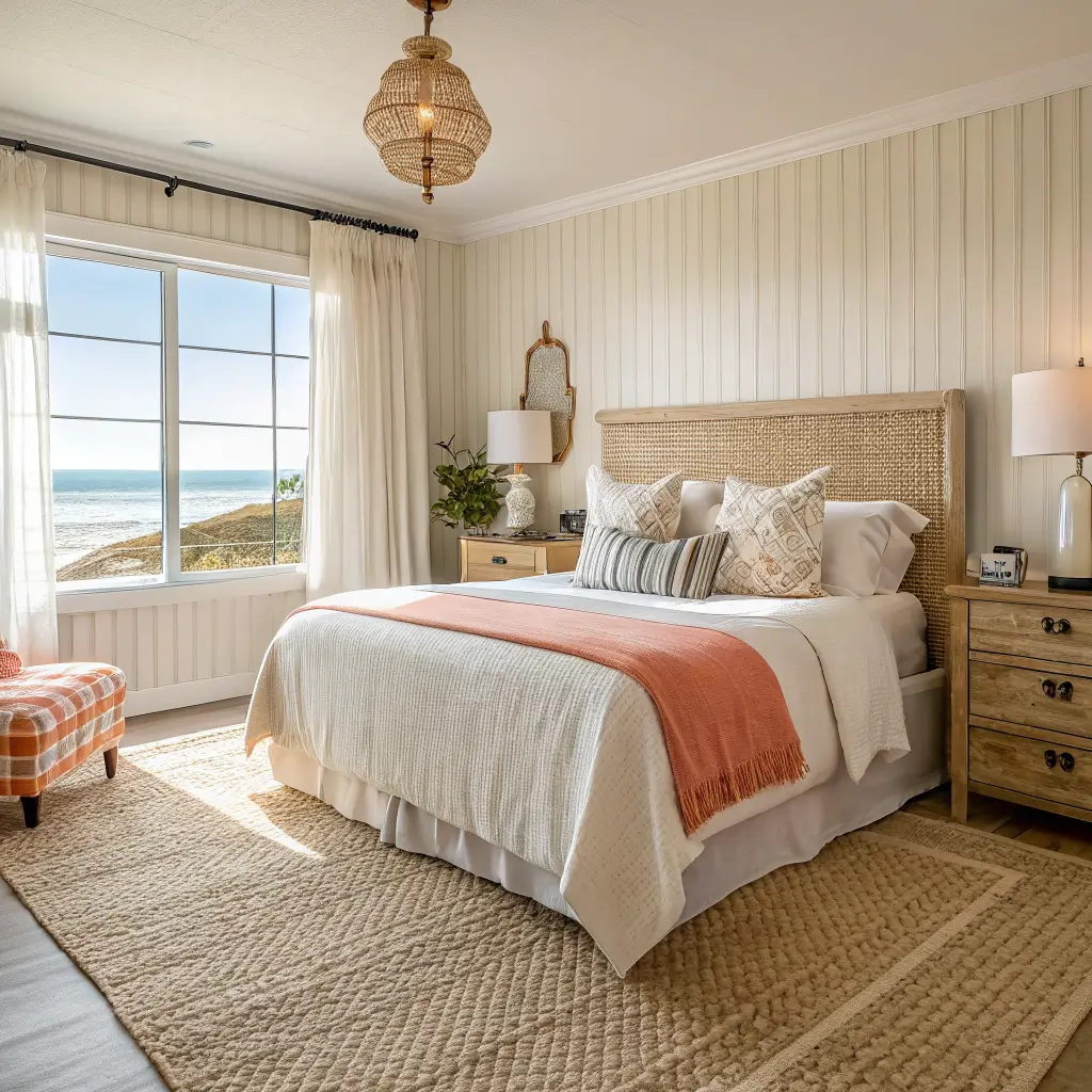 Photorealistic rental-friendly beachy bedroom with jute rug, sheer linen curtains, sand-stripe peel-and-stick wallpaper behind cane bed, layered neutral bedding with coral accent, and refreshed dresser in golden afternoon light.