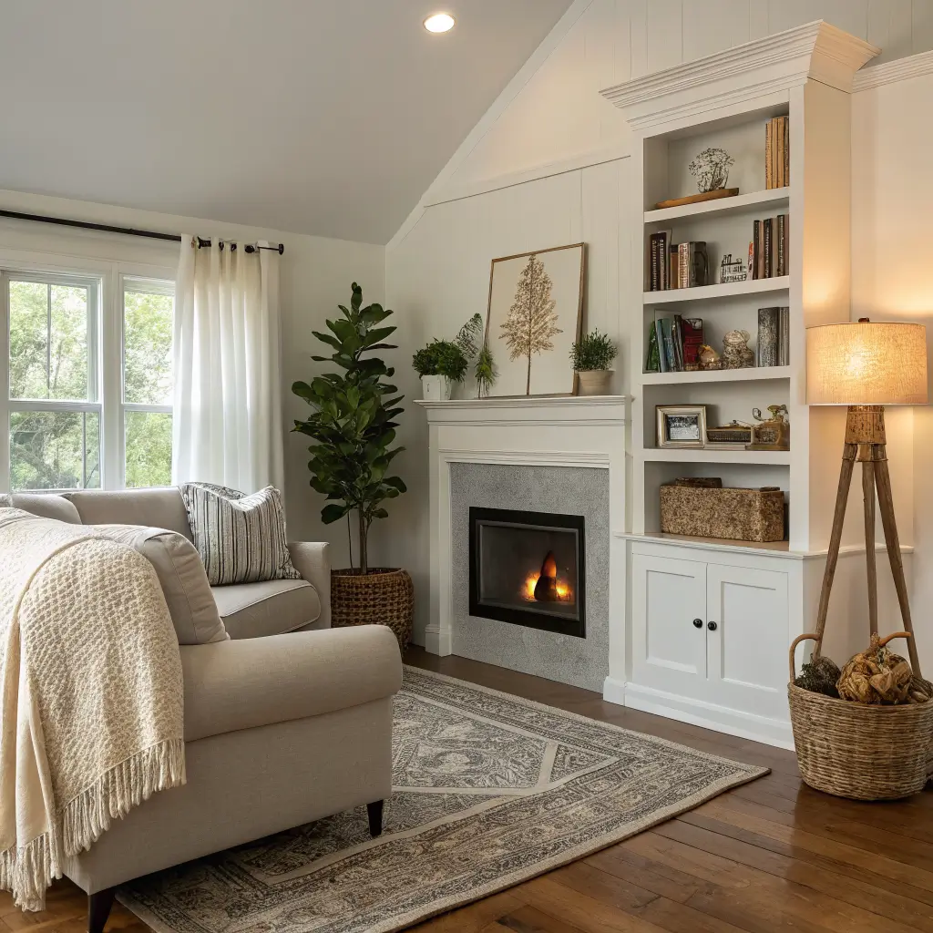 Photorealistic 11x13 living room with corner fireplace, angled loveseat, white oak bookshelf, brass arc lamp, cream rug, and warm white, oak, charcoal, sage palette in soft afternoon light.