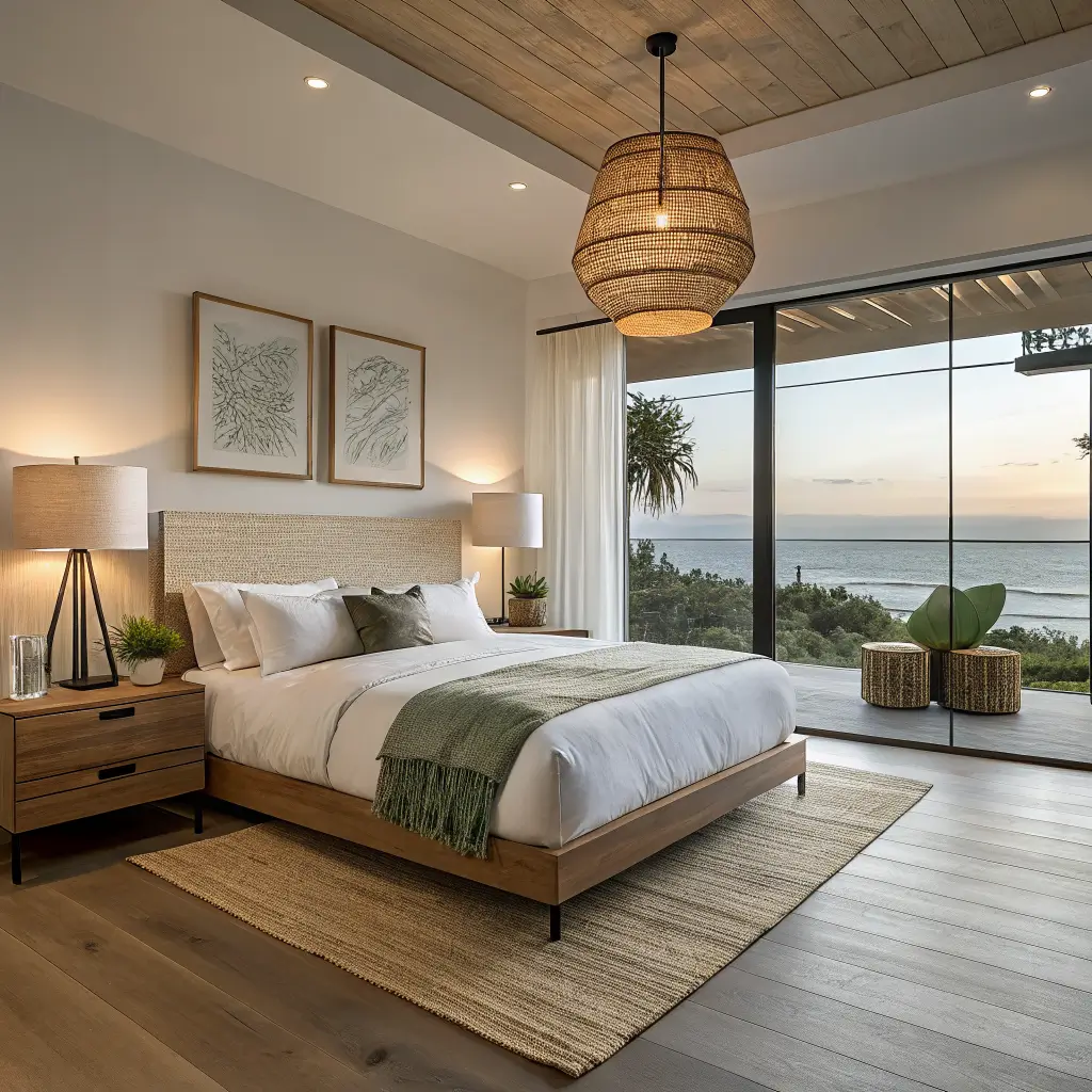 Photorealistic minimal coastal bedroom with light oak queen bed, warm bedside lamps, bamboo shades, jute rug, and black-and-white shoreline photo above the bed.