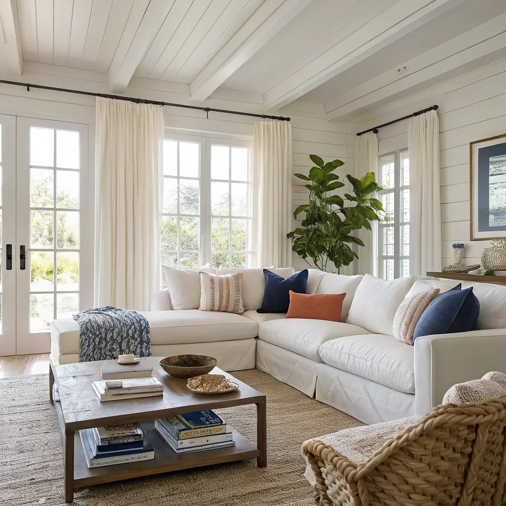 Photorealistic modern coastal living room with cream slipcovered sofa, jute rug, weathered oak coffee table, rattan chair, snake plant, and sheer curtains glowing in mid-morning light.