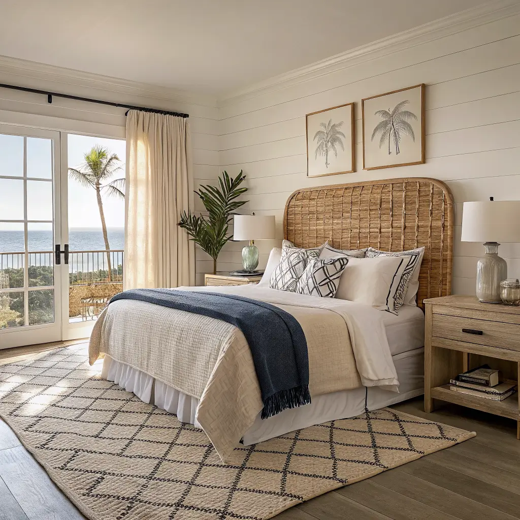 Photorealistic coastal bedroom with rattan headboard, sand linen bedding, seagrass rug, whitewashed nightstands and brass-based lamps, and an oversized ocean photo lit by golden-hour light through gauzy curtains.