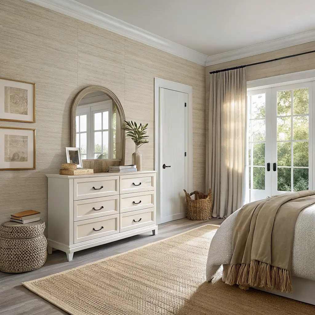 Renter-friendly bedroom corner with pale oatmeal peel-and-stick grasscloth accent wall, whitewashed dresser and arched mirror, pampas in vase, jute rug on beige carpet, rattan chair with linen throw, and soft afternoon window light.