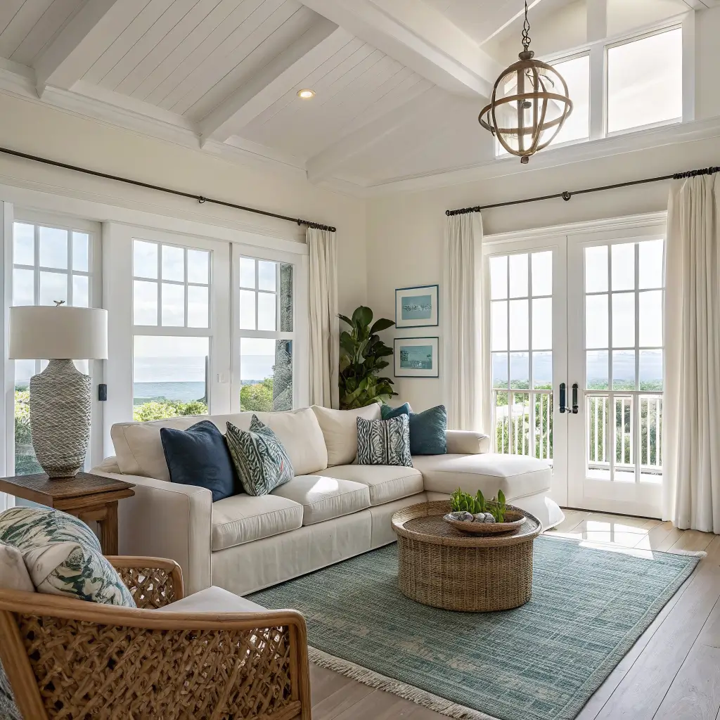 Photorealistic modern coastal living room with pale blue walls, cream sectional, sea-glass and navy pillows, jute rug, French doors with white linen drapes, and sunlit airy decor.