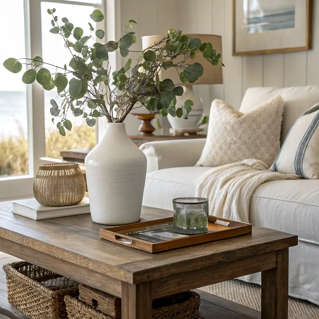 Low-angle close-up of a coastal living room side table with white ceramic vase and eucalyptus, sea-glass tumbler on jute coaster, brass frame and driftwood, with linen sofa corner and sunbeams across textures.