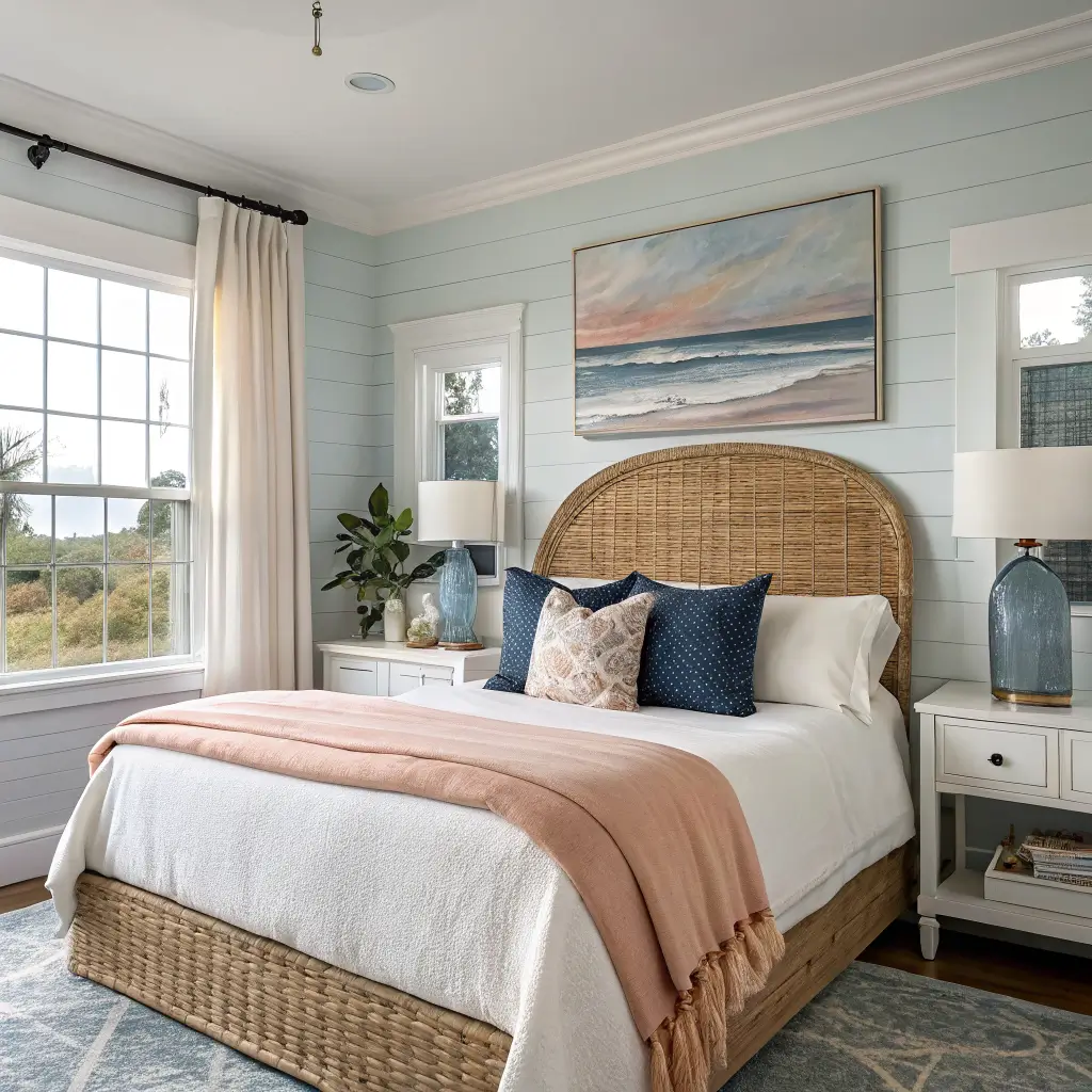 Photorealistic coastal bedroom with rattan headboard, cream linen bedding, large seascape art above bed, arched mirror opposite, and soft dawn light from a left window.