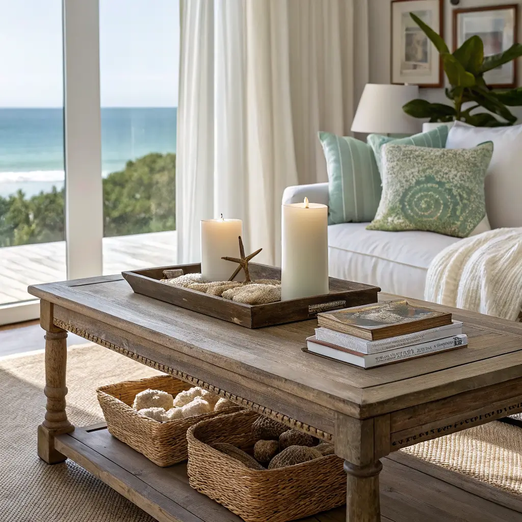 Coastal living room vignette with weathered oak coffee table holding brass tray, white candle, linen books, and shell-filled ceramic bowl in warm afternoon light.