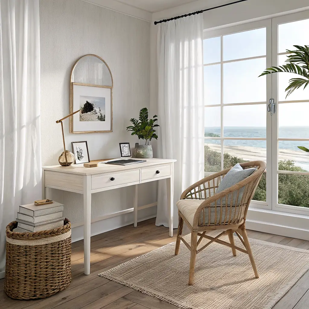 Photorealistic coastal home office corner with whitewashed desk by a window with sheer curtains, rattan chair, jute rug, leaning arched mirror, palm plant, and soft neutral walls with grasscloth wallpaper.