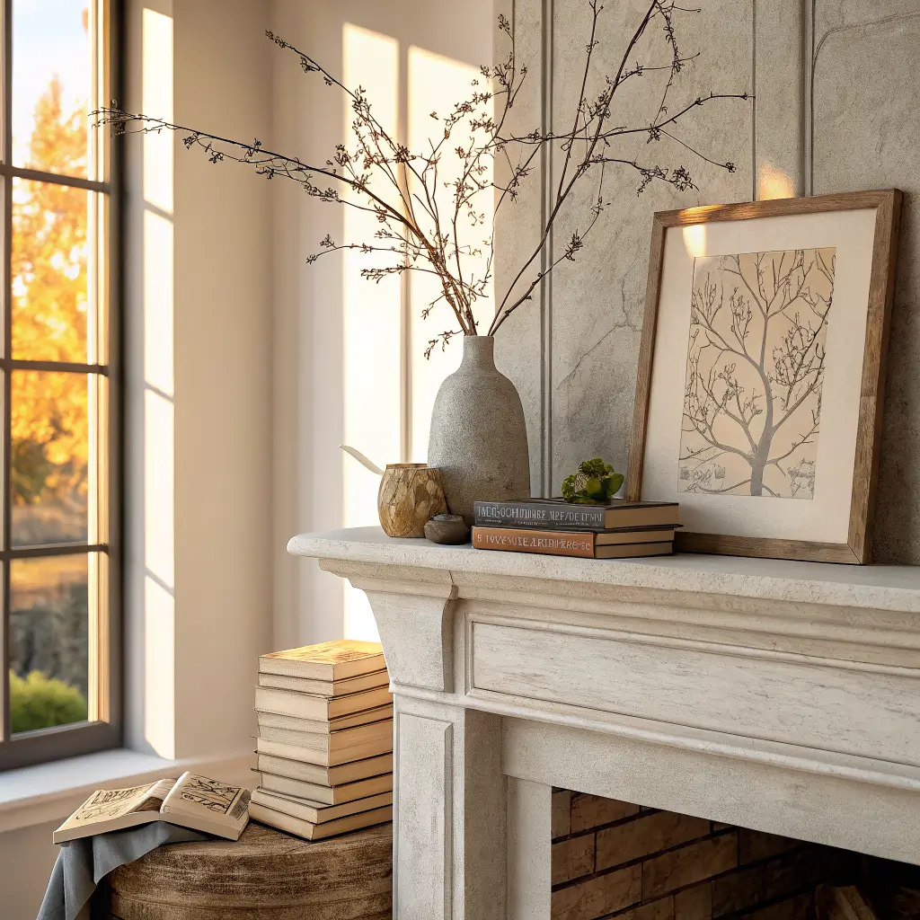 Close-up of a white oak floating mantel above a plaster corner fireplace, styled with a leaning abstract canvas, charcoal vase with olive branches, and stacked linen books with a brass object in warm golden-hour light.
