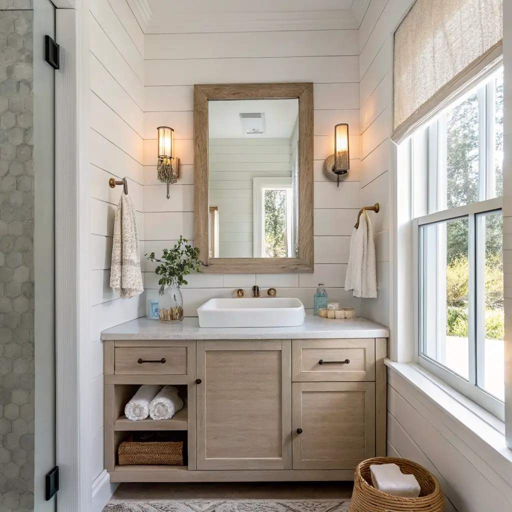 Photorealistic modern coastal powder room with alabaster walls, pale oak floating vanity and quartz sink, frameless mirror, warm globe sconce, and sky blue towel in soft natural light.