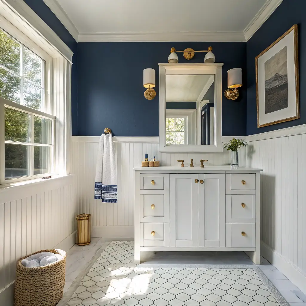 Photorealistic Cape Cod–style nautical bathroom with white beadboard and navy walls, white Shaker vanity with brass pulls, oak-framed mirror, striped towel, hex tile floor, and warm late-afternoon sunlight viewed from the doorway.