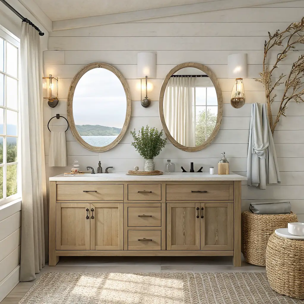 Photorealistic coastal primary bathroom with double light oak vanity, quartz top, rattan mirrors, warm seagrass sconces, and soft midday light through a linen-curtained window.