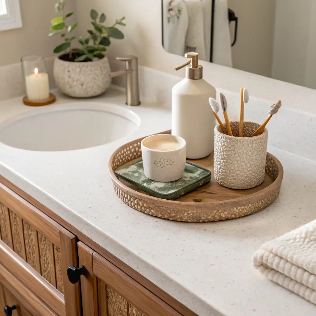 Close-up of a coastal bathroom vanity on white quartz with a rattan tray holding a stoneware soap dispenser, beeswax candle, eucalyptus bud vase, and a cup with bamboo toothbrushes in soft morning light.