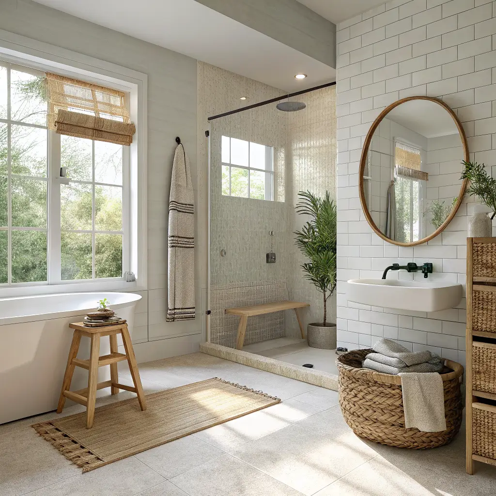 Corner three-quarter view of a warm white bathroom with frameless glass walk-in shower in pale zellige-look tile, oak stool with folded linen towel, seagrass basket of rolled beige towels, round rattan mirror, and cream ribbed bath mat in soft skylight.