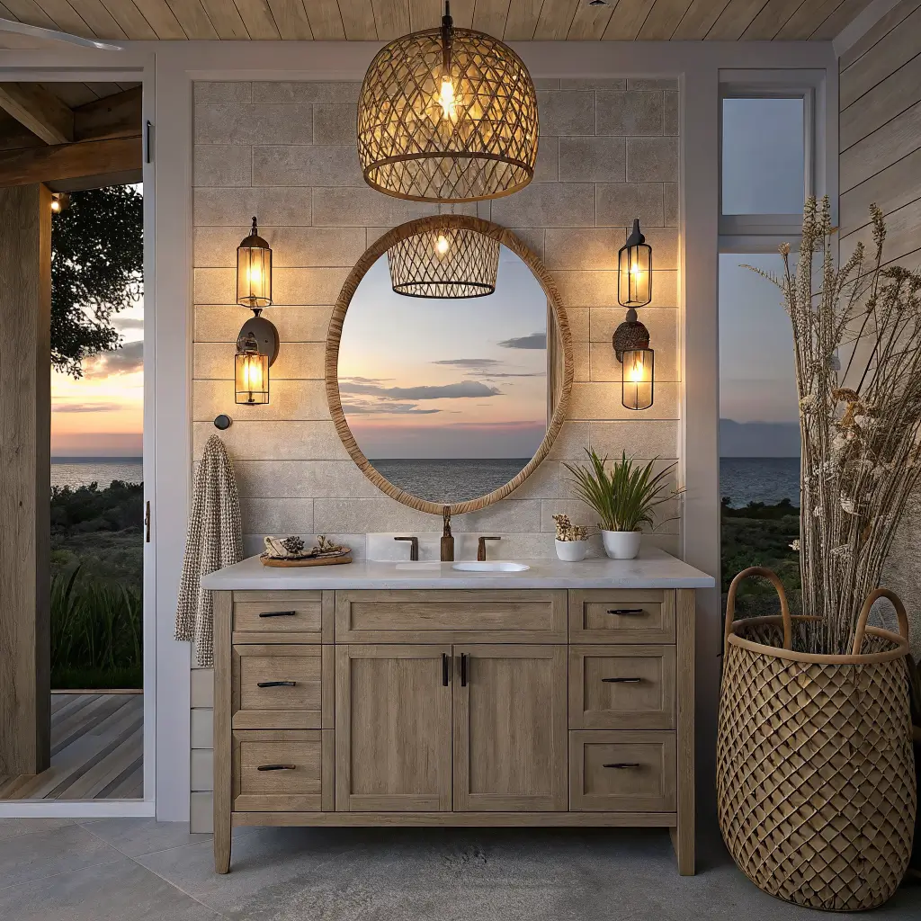 Straight-on view of a photorealistic coastal bathroom at dusk with a round rattan mirror above a pale oak vanity, flanked by two warm glowing woven seagrass sconces and a champagne bronze faucet on white quartz.