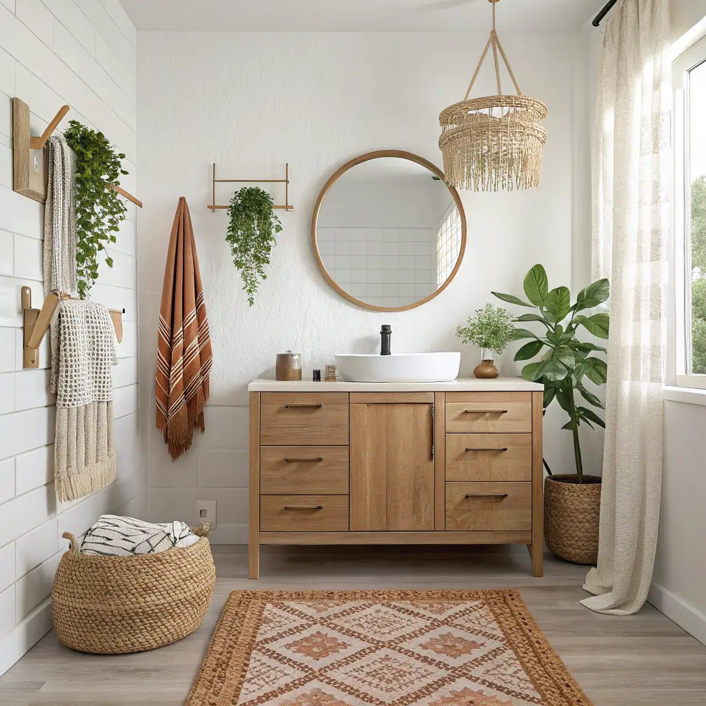 Photorealistic boho-coastal bathroom with warm white walls, light oak vanity, rattan round mirror, macramé wall hanging, terracotta pothos on shelf, striped Turkish towel, and cream bath mat in soft morning light.