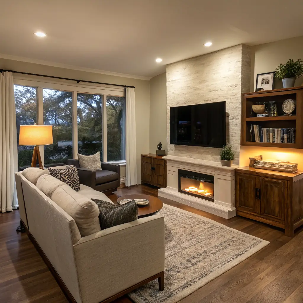 Photorealistic living room with corner plaster fireplace, walnut media console and mounted TV, linen sofa and charcoal chairs on a cream wool rug, warm evening lamplight and oak bookshelf.