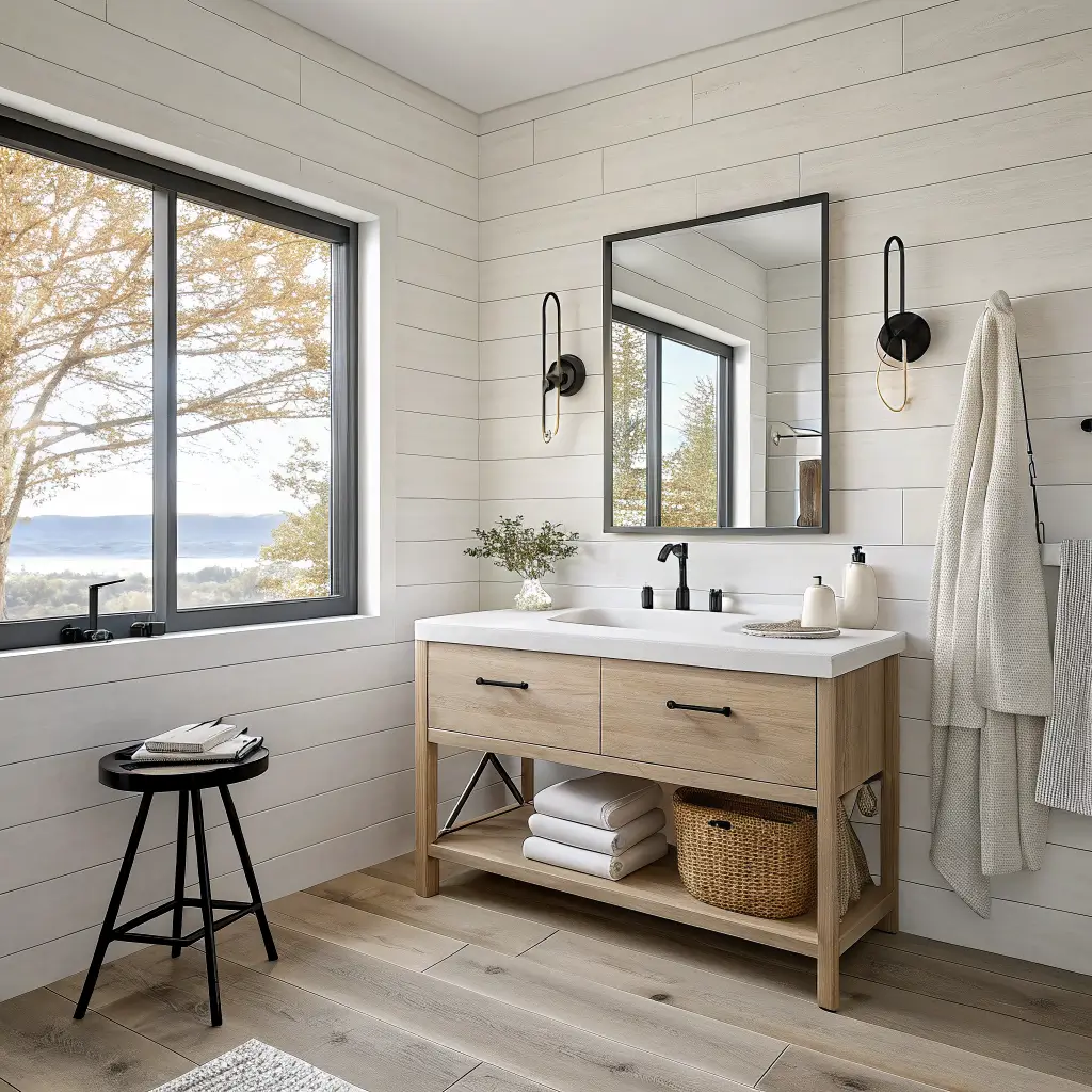 Photorealistic scandi-coastal bathroom with alabaster walls, pale oak floating vanity, frameless mirror, matte black faucet, and frosted window in bright midday light.