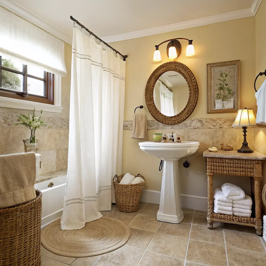 Photorealistic small coastal bathroom with beige tile floor, pedestal sink, off-white shower curtain, rattan mirror, seagrass basket of cream towels, eucalyptus vase, and warm golden afternoon light.