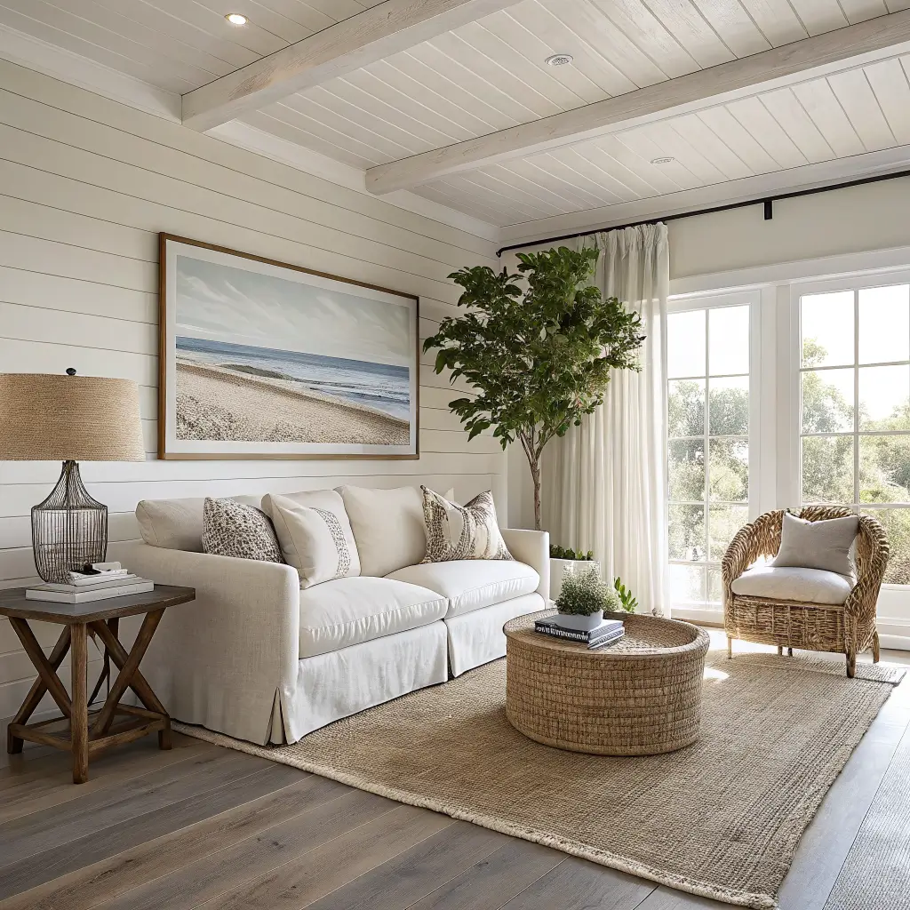 Photorealistic modern coastal living room with bleached oak floors, warm white walls, linen sofa under an abstract dune photo, sheer curtains, jute rug, cane chair, rattan side table, and olive tree in soft morning light.