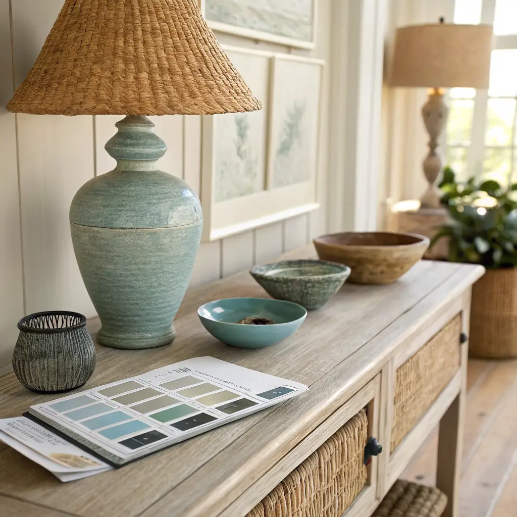 Close-up of an Alabaster wall meeting a light oak console with neutral swatch cards, a dusty slate blue stoneware vase, sea-glass ceramic bowl, and a charcoal lamp with rattan shade in soft afternoon light.