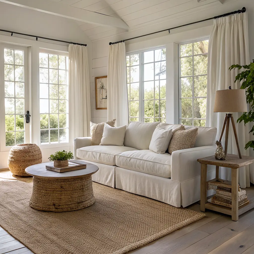 Photorealistic wide shot of a warm white living room with an oatmeal slipcovered sofa on a chunky jute rug, a round whitewashed oak coffee table, tall windows with white linen curtains, and golden-hour light.
