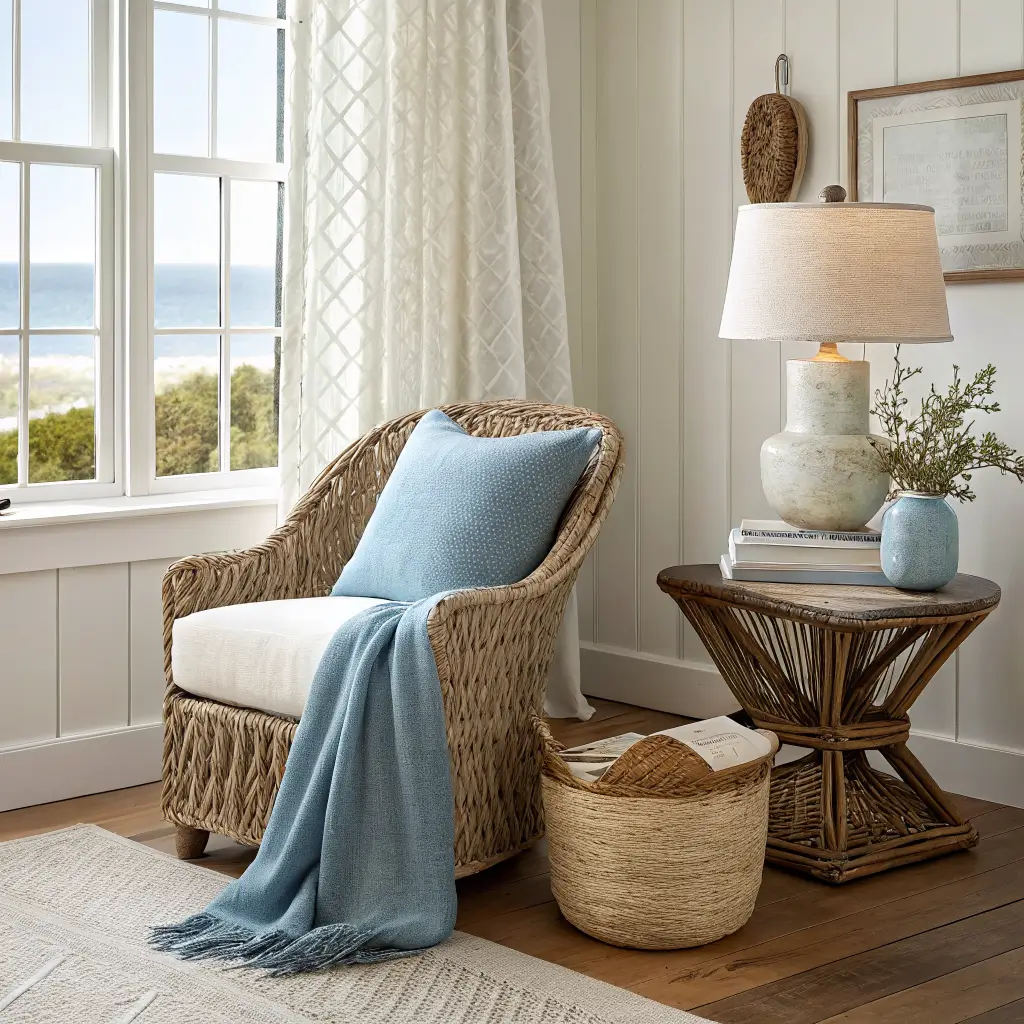 Coastal living room reading nook with rattan chair and slate-blue pillow, stump side table, ceramic stool, rattan-shade lamp, and seagrass basket in soft midday light.