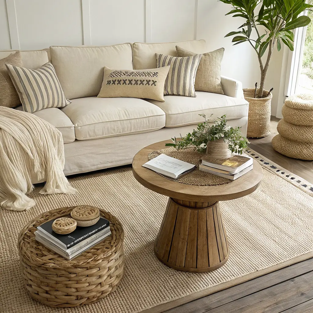 Photorealistic living room scene with oatmeal linen sofa on jute rug, coffee table 17 inches away, mismatched side tables, layered neutral pillows, cream waffle throw, and styled coffee table in warm morning light.