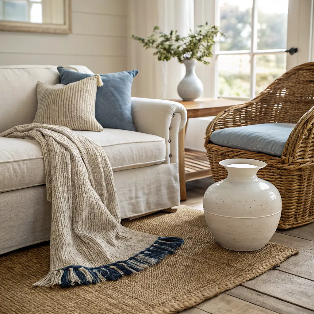 Close-up of coastal living room textures: oatmeal linen sofa edge, jute rug, rattan chair, slate-blue pillow, waffle throw, and white ceramic vase with olive sprig in warm window light.