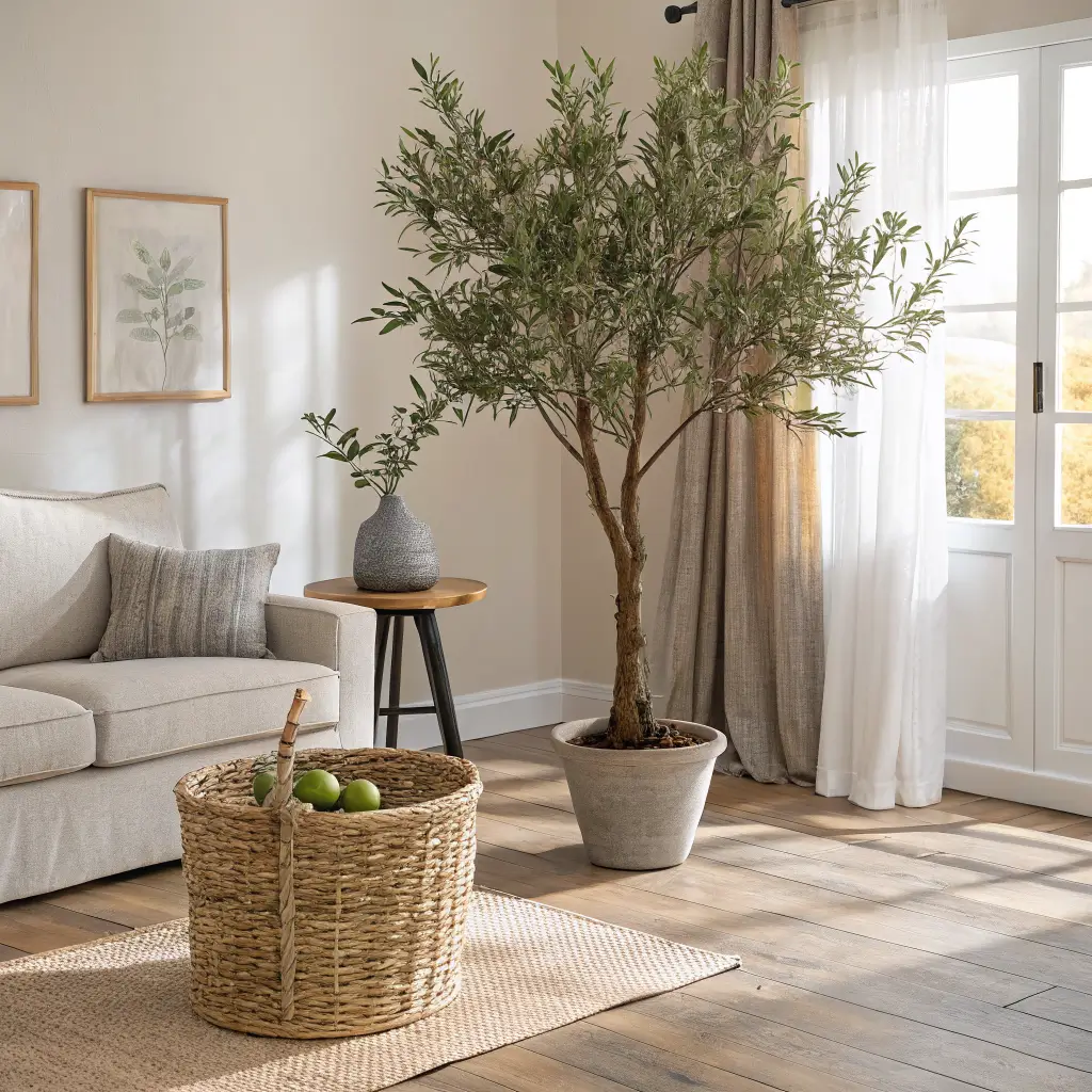 Sunlit minimalist living room with oatmeal linen sofa, olive tree in seagrass basket, eucalyptus in stoneware vase on oak console, and single olive sprig in a bud vase on a round whitewashed coffee table.