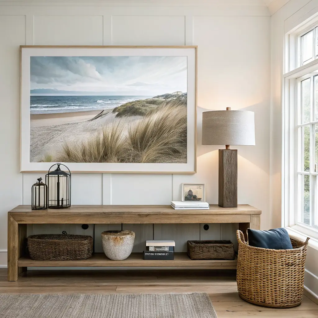 Photorealistic coastal living room with a large abstract dune photo above a low oak console, stoneware lamp with charcoal base and rattan shade, seagrass basket, and warm white walls in soft daylight.