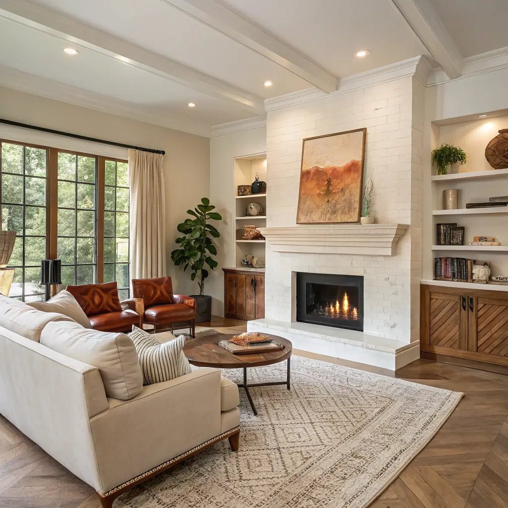 Photorealistic great room with a corner plaster fireplace to a 10-foot ceiling, white oak open shelving, oversized abstract canvas on the mantel, linen sofa and cognac leather chairs on an ivory rug, and a fiddle-leaf fig in bright midday light.