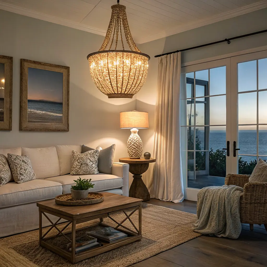 Photorealistic evening living room with layered warm lighting: rattan chandelier, two table lamps, slim floor lamp, and picture light above an oatmeal sofa with jute rug, oak coffee table, and twilight blue through linen curtains.